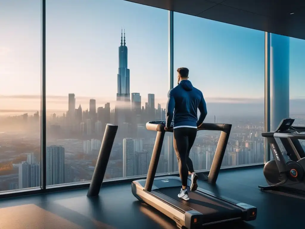 Gimnasio moderno con vista panorámica de la ciudad al atardecer Ropa deportiva para personas altas: Entrenamiento en un gimnasio moderno con vistas a la ciudad al atardecer