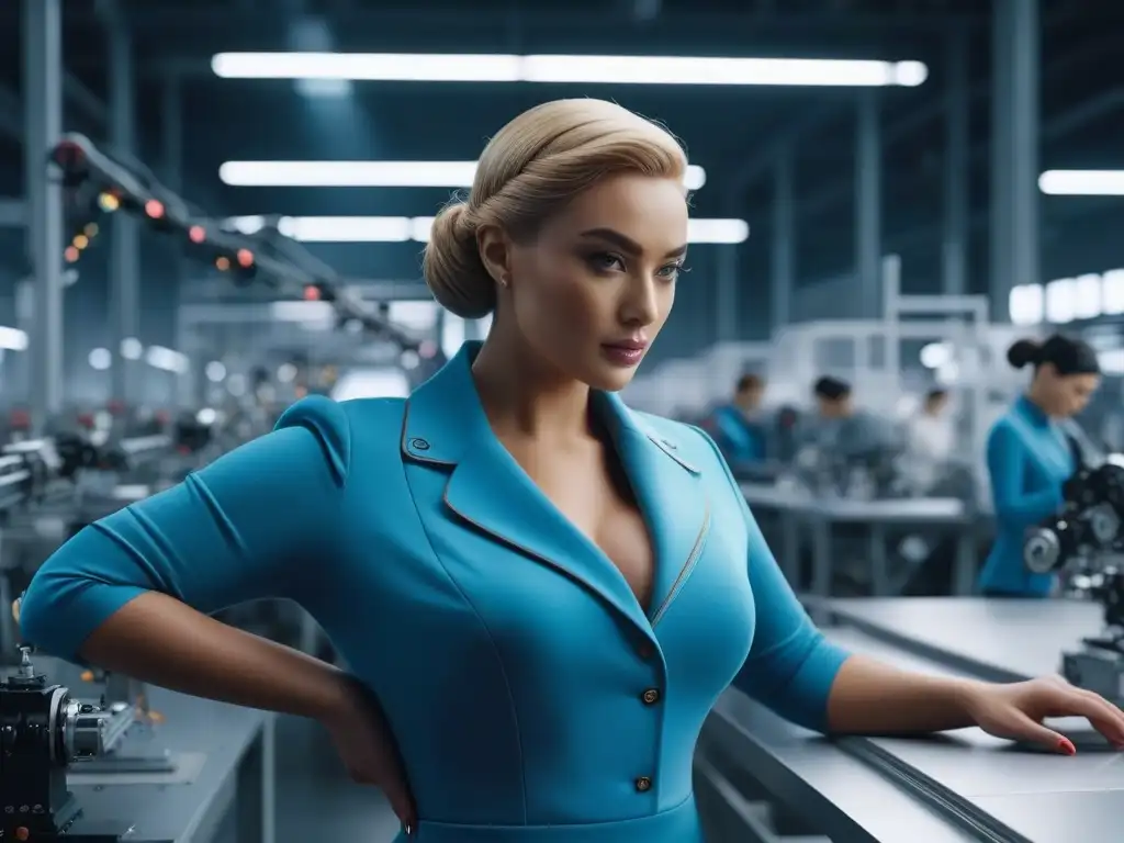 Robótica de precisión: Costura innovadora para maniquíes de tallas grandes Producción de ropa tallas especiales: Un brazo robótico viste con precisión a un maniquí plus size en una fábrica futurista y colorida