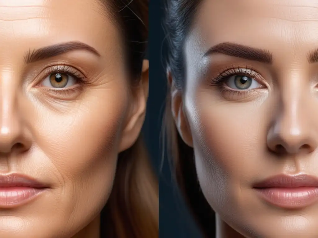 Transformación facial: rejuvenecimiento sin cirugía Rostro dividido en antes y después de tratamientos rejuvenecimiento sin cirugía
