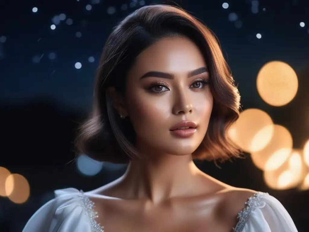 Belleza nocturna: piel radiante bajo la luz de la luna Rostro iluminado por la luz de la luna, piel radiante y maquillaje elegante