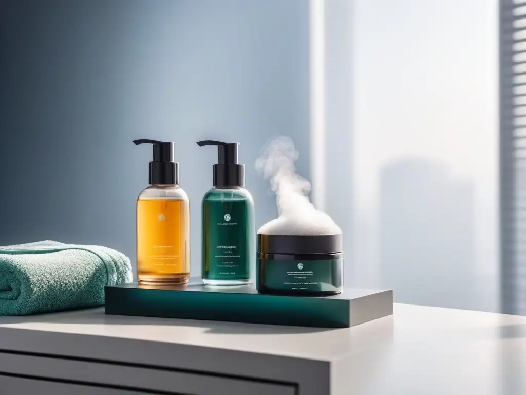 Rutina de cuidado facial de lujo en mesa elegante Una rutina de cuidado de la piel de lujo en una elegante mesa: exfoliantes de alta gama, toalla suave, cepillo facial iluminado y bruma refrescante, todo bañado en luz natural para resaltar la sensación premium