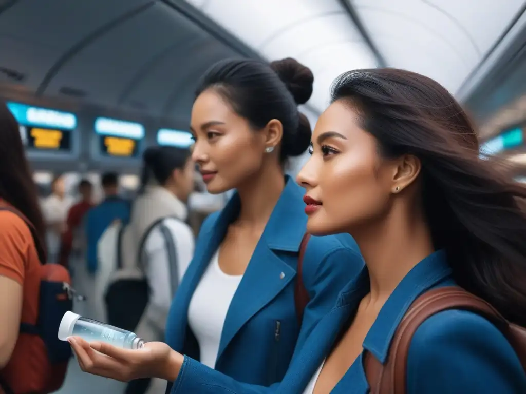 Rutinas de belleza en movimiento: mujeres viajeras cuidando su piel Rutinas cuidado piel viajeras diversidad: Mujeres aplicando productos de belleza en distintos escenarios y culturas