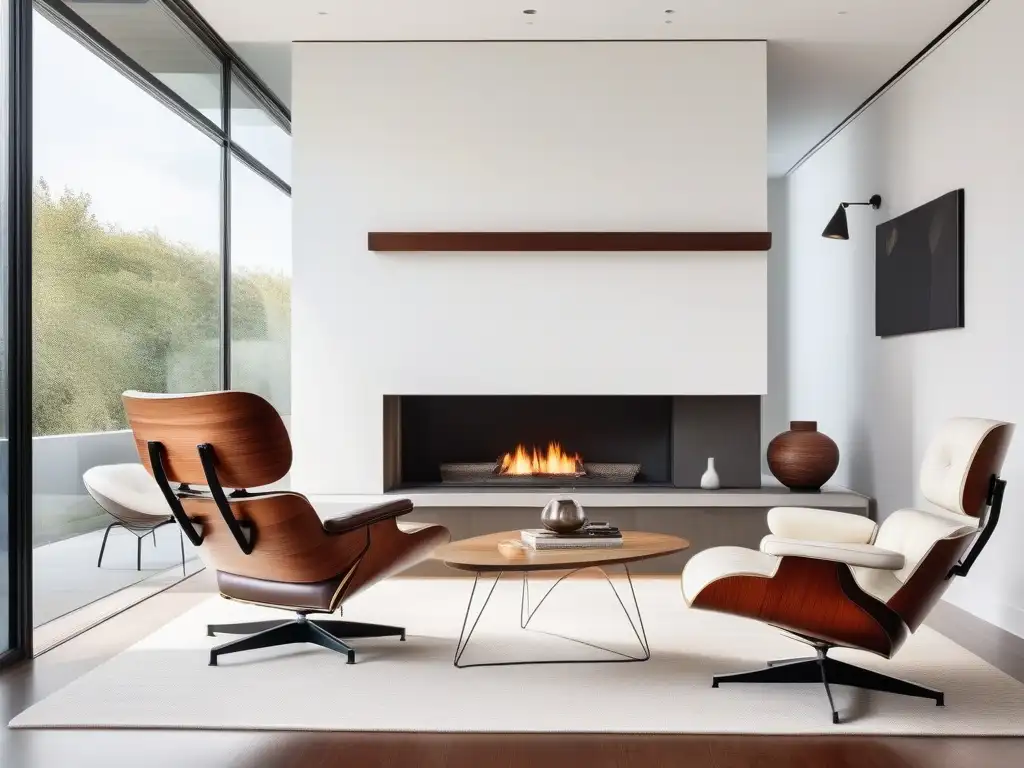Salón moderno con muebles icónicos: Eames, Noguchi, Barcelona Chair Una sala elegante con mobiliario de diseño icónico en un ambiente contemporáneo