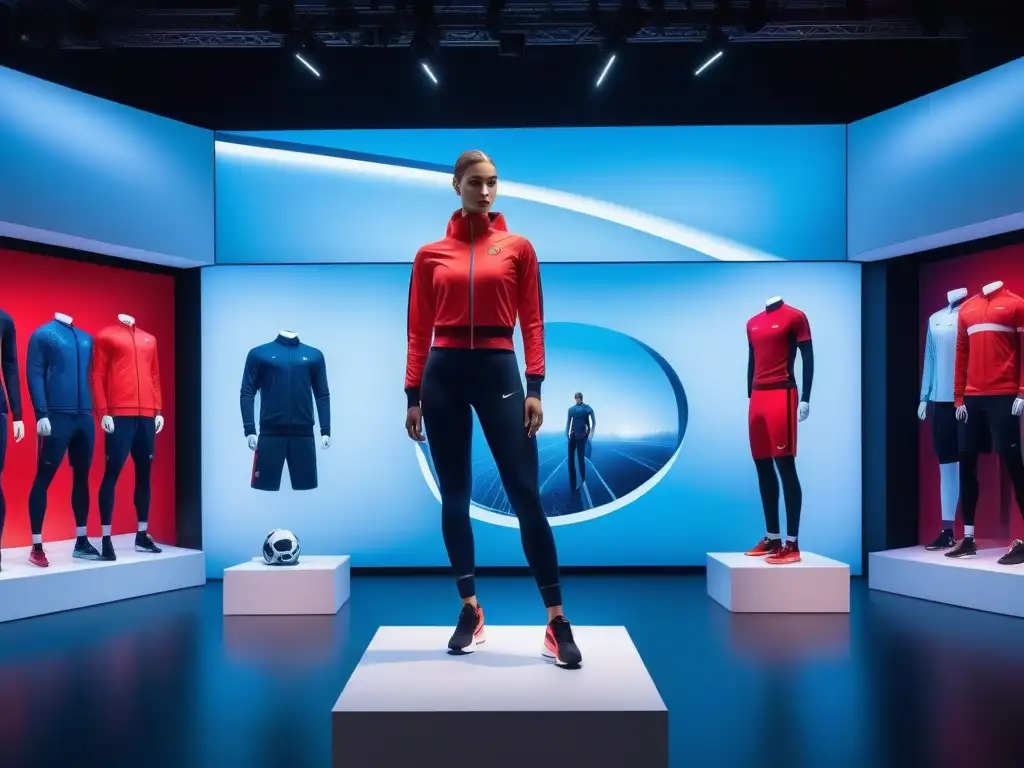 Expo deportiva futurista: moda atlética interactiva Una sala de exposición futurista con moda deportiva para todos los cuerpos, iluminada por luces LED