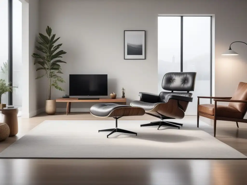 Diseño moderno en sala minimalista Una sala minimalista con mobiliario icónico de diseño en 8k