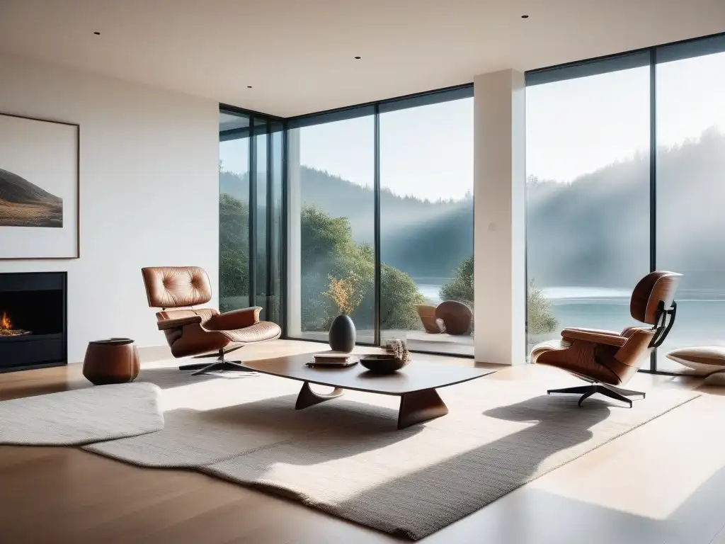 Sala de estar minimalista con diseño moderno de mediados de siglo Una sala minimalista con muebles icónicos de mediados de siglo, bañada en luz natural