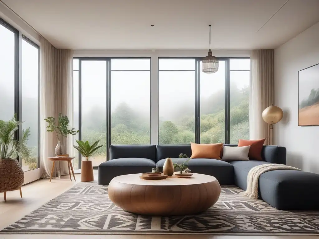 Diseño global exclusivo para tu hogar de lujo Una sala moderna con mobiliario de diseño global exclusivo: sofá japonés, mesa escandinava, alfombra africana y lámpara marroquí