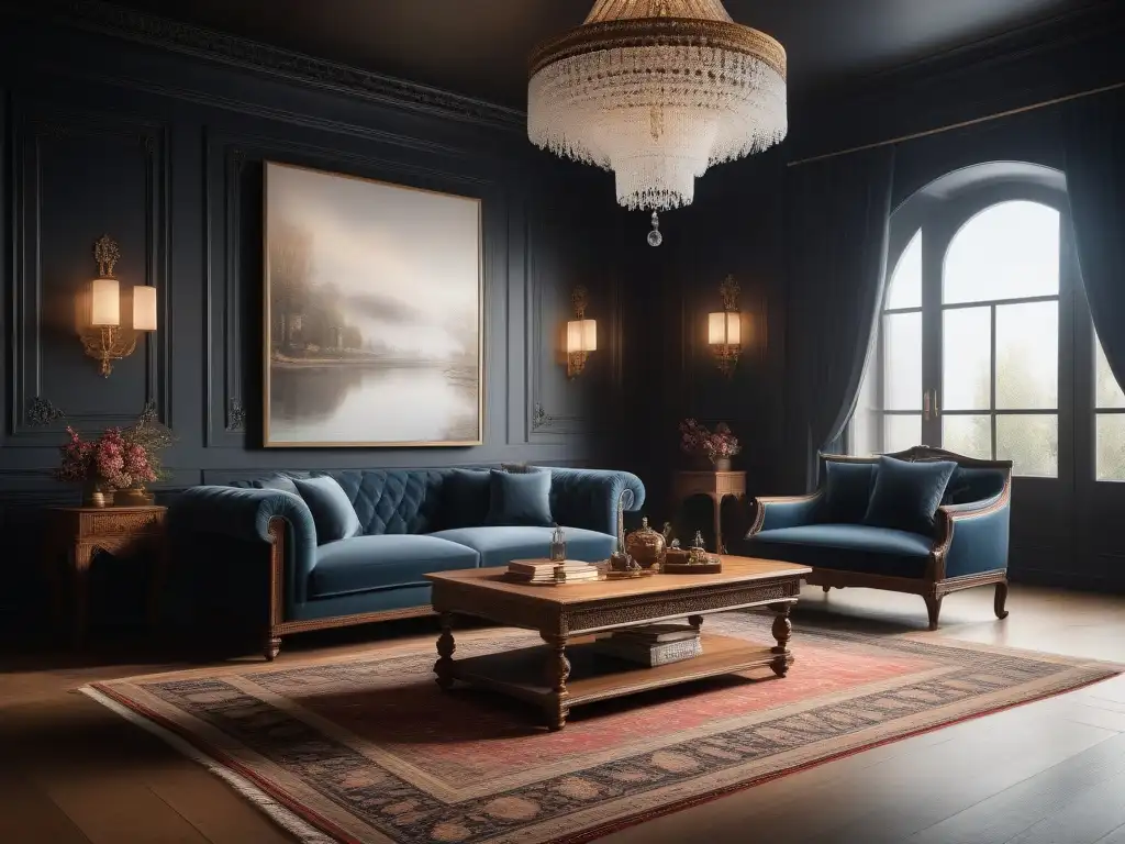 Salón lujoso: fusión moderna y vintage con sofisticación Una sala de estar opulenta que muestra una mezcla coherente de estilos de mobiliario moderno y antiguo