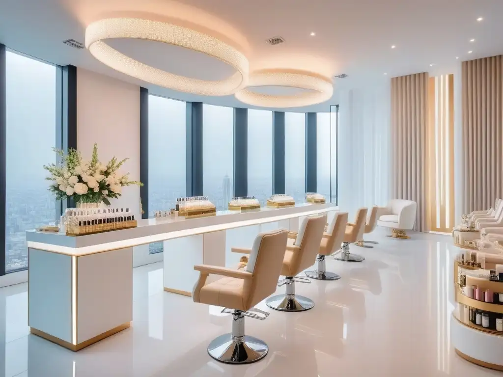 Salón de uñas de lujo con diseño blanco y dorado Salón de uñas de alta gama con decoración elegante en blanco y dorado