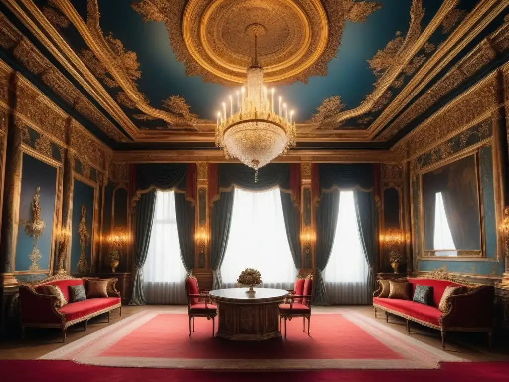 Salón renacentista: opulencia dorada y elegancia histórica Un salón de baile renacentista lujoso con decoraciones barrocas doradas detalladas