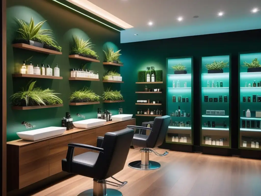 Salón de belleza de lujo: elegancia y sofisticación en un entorno relajante Un salón de belleza de alta gama con productos de belleza para el cabello, ambiente chic y sofisticado