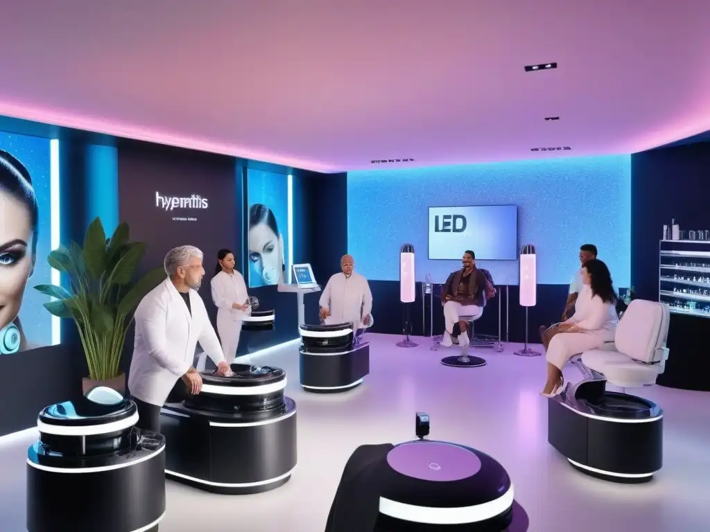 Salón de belleza futurista: tratamiento inclusivo y vanguardista Un salón de belleza futurista con tratamientos estéticos con tecnología innovadora, donde personas diversas sonríen y se sienten empoderadas
