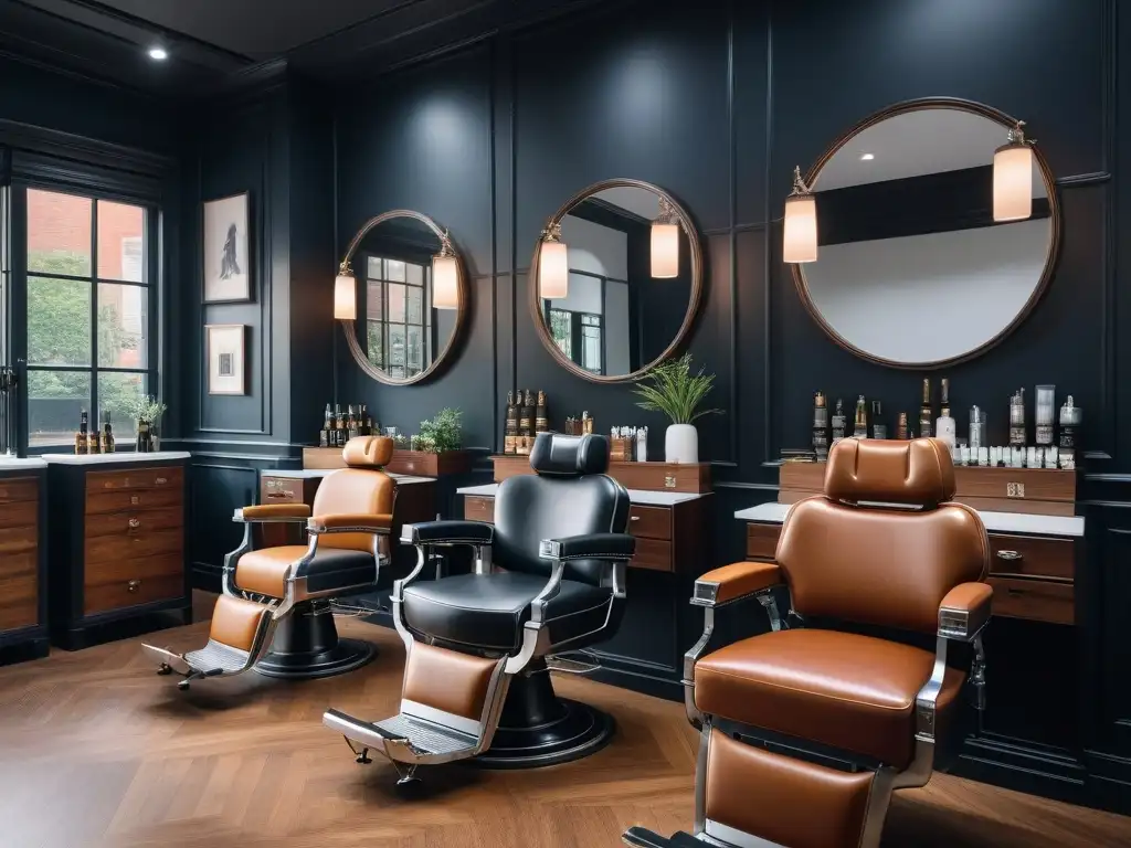 Salón de belleza masculino sofisticado: elegancia y estilo premium Salón de belleza masculina moderno con decoración elegante y profesionales disfrutando tratamientos de belleza para hombres modernos