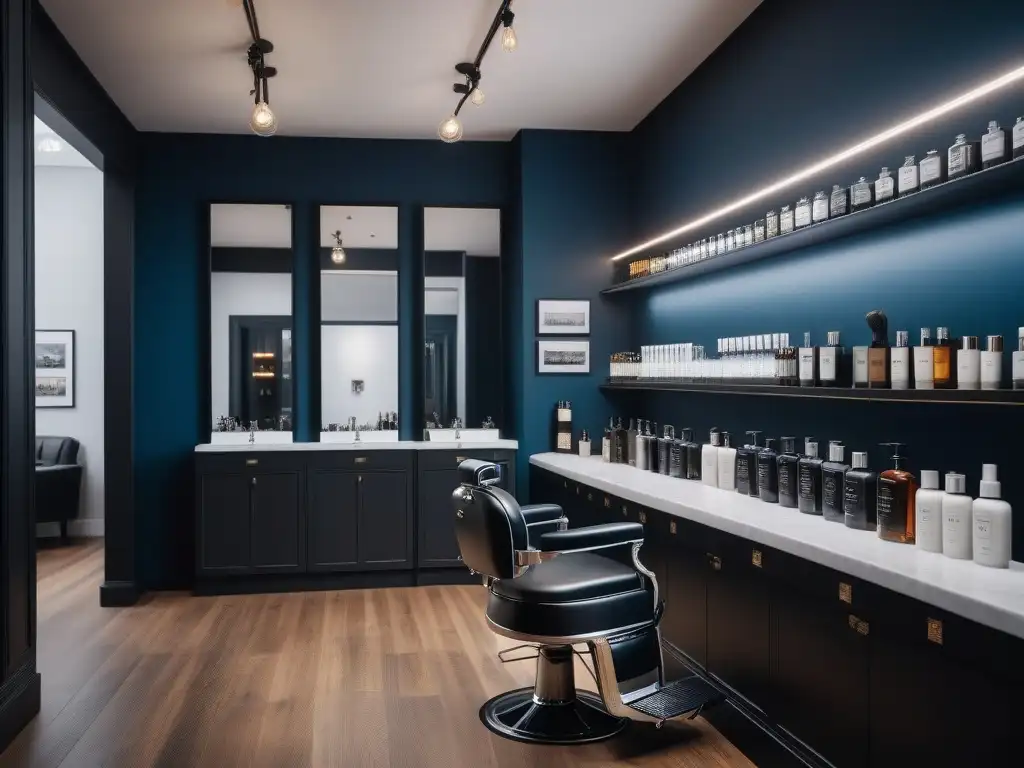 Salón de belleza masculino de lujo: ambiente exclusivo y relax Un salón de belleza masculina moderno y sofisticado con diseño minimalista y productos de lujo