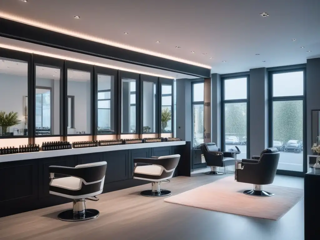 Salón de belleza moderno con productos premium y elegante decoración Salón de belleza moderno con productos premium y ambiente relajante para tratamientos capilares cabellos rebeldes