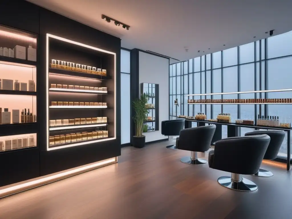 Salón de belleza moderno y relajante con productos veganos de lujo Un salón de belleza moderno y sereno con muebles minimalistas, iluminación suave y productos veganos de lujo
