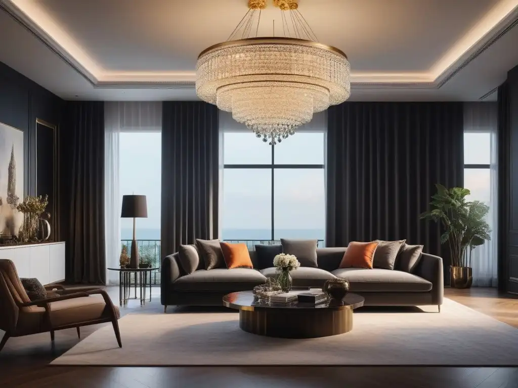 Elegante sala contemporánea con deslumbrante candelabro de cristal Un salón contemporáneo con un deslumbrante candelabro como punto focal, rodeado de muebles de diseño para casa de lujo