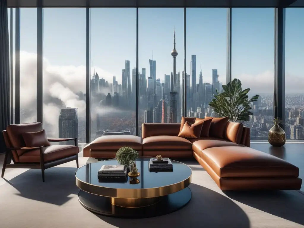 Sala contemporánea con vista panorámica a la ciudad y diseño global de lujo Salón contemporáneo con mobiliario de diseño global exclusivo y vista panorámica de la ciudad