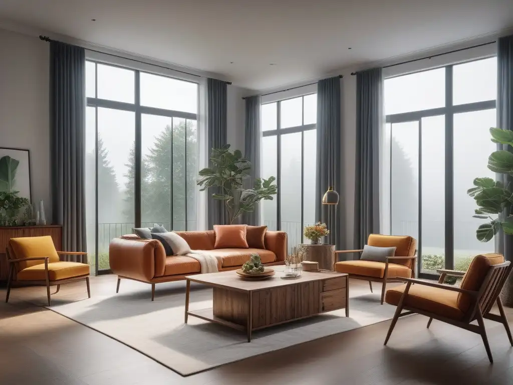Sala de estar sostenible con muebles modernos y ecológicos Un salón bellamente decorado con mobiliario diseño ecofriendly hogar en un ambiente vibrante e inclusivo