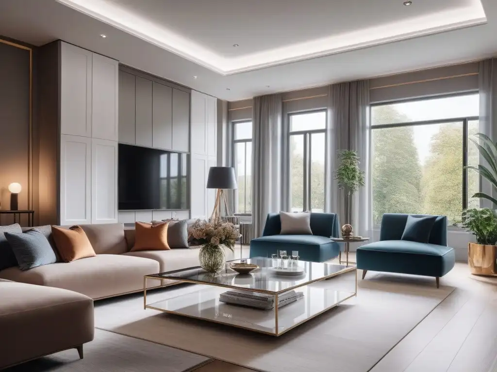 Salón inteligente de lujo: tecnología y diseño fusionados Salón elegante con domótica para estilo y comodidad en decoración futurista y minimalista