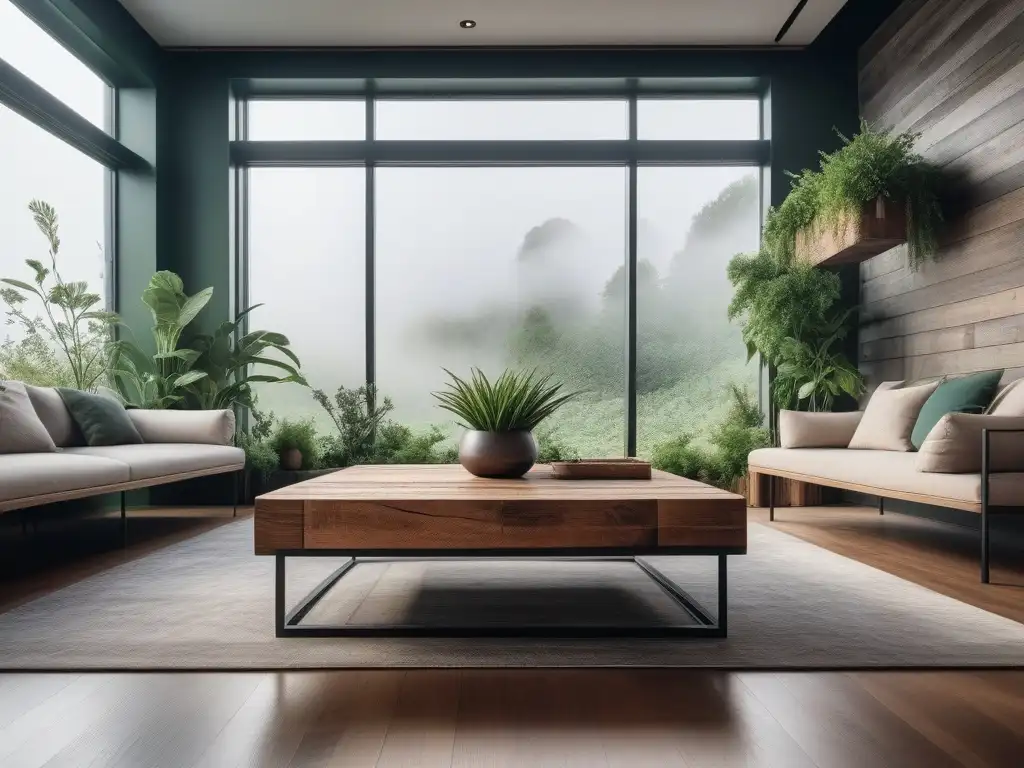 Salón ecológico: decoración sostenible y chic Salón elegante con decoración sostenible para hogar verde, mesa de madera recuperada, jardín vertical y luces LED