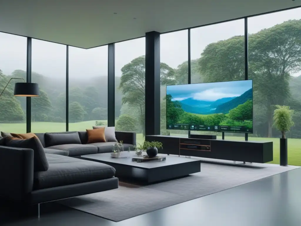 Salón futurista de alta tecnología en hogar inteligente Un salón futurista de alta gama con tecnología de climatización integrada, control de iluminación y vistas a un jardín exuberante
