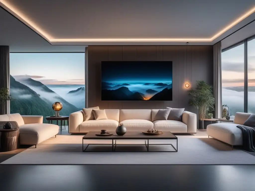 Salón inteligente futurista: lujo y tecnología Salón futurista de alta gama con tecnología integrada y ambiente sofisticado