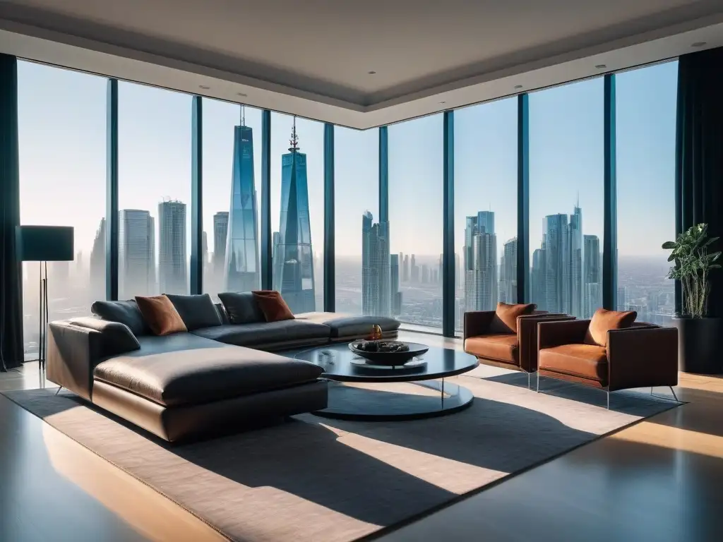 Salón de lujo inteligente con tecnología de vanguardia Salón de alta tecnología en hogar con iluminación y cortinas automáticas, sistema de entretenimiento futurista y vista panorámica de la ciudad