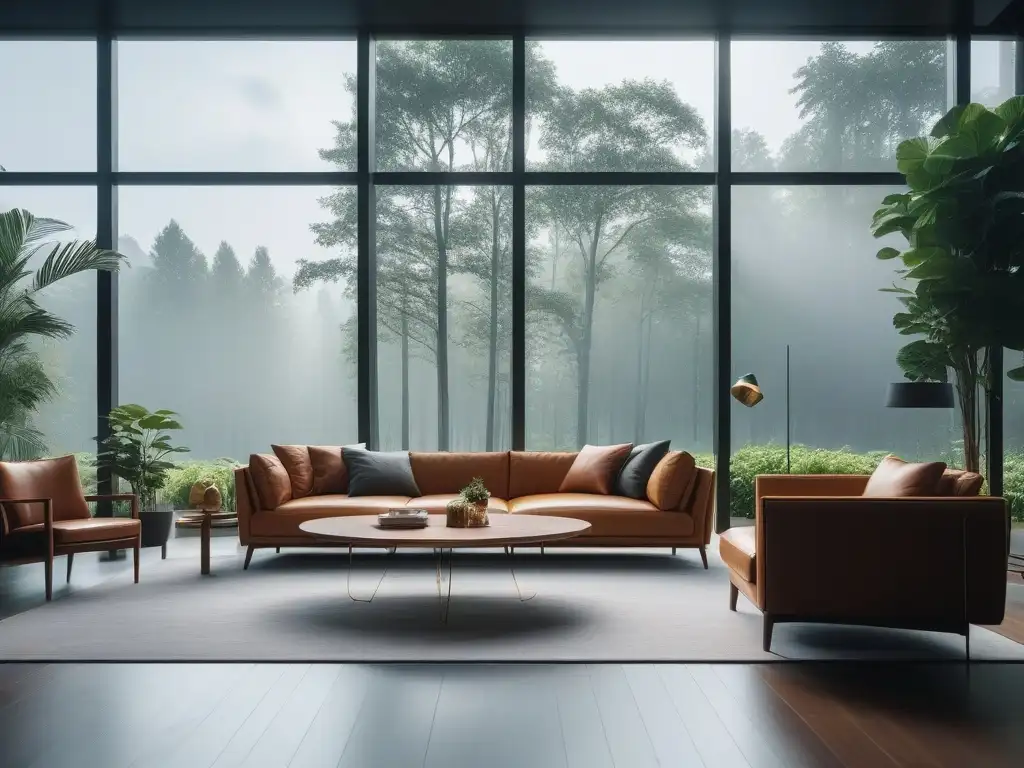 Salón ecológico y moderno: lujo sostenible y tecnología integrada Salón de hogar inteligente de lujo con tecnología de alta gama y muebles sostenibles, integrando diseño y naturaleza