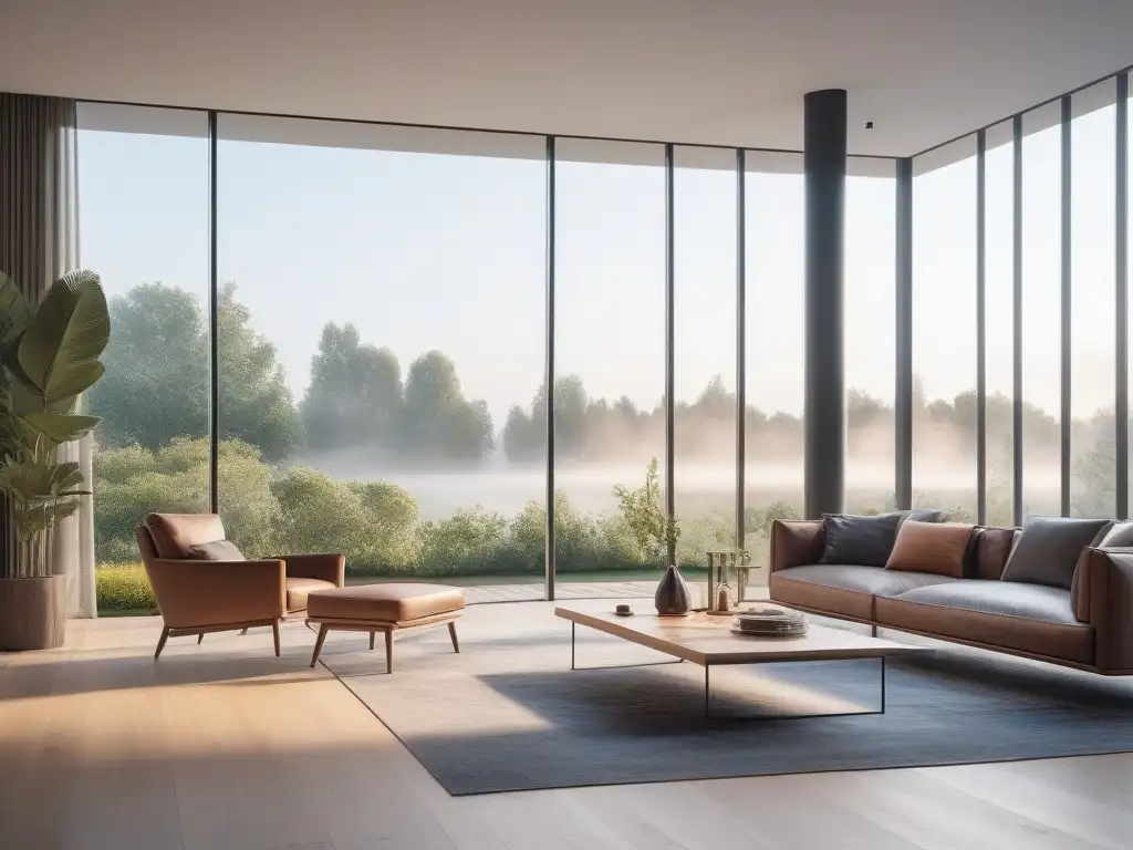 Salón de lujo con diseño futurista y tecnología smart en casa exclusiva Salón de lujo en casa exclusiva con climatización inteligente, diseño futurista y tecnología integrada, vista a jardín exuberante