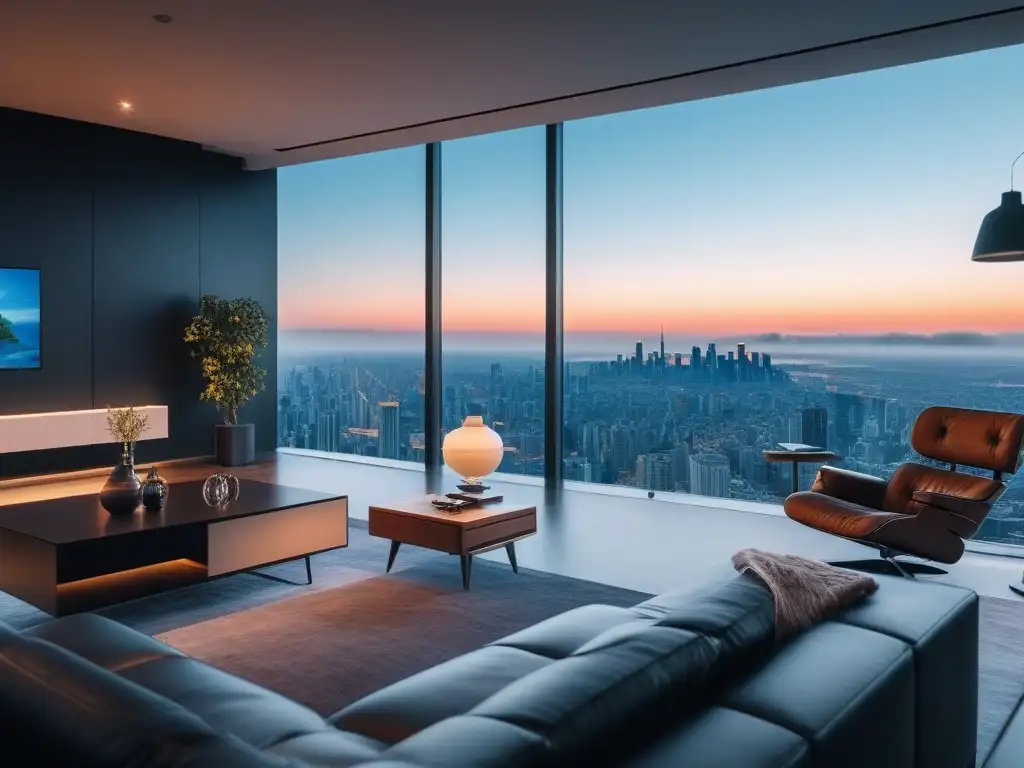 Sala de estar de lujo en casa inteligente: diseño minimalista y tecnología de vanguardia con vista nocturna de la ciudad Salón de lujo en casa inteligente, con diseño minimalista, tecnología de vanguardia y vistas a la ciudad de noche