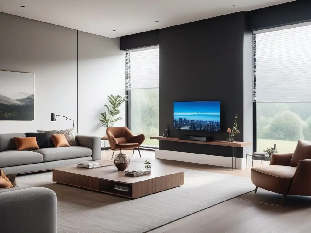 Salón de lujo en hogar inteligente: clima futurista y elegancia Salón de lujo en casa inteligente con climatización inteligente para hogares exclusivos