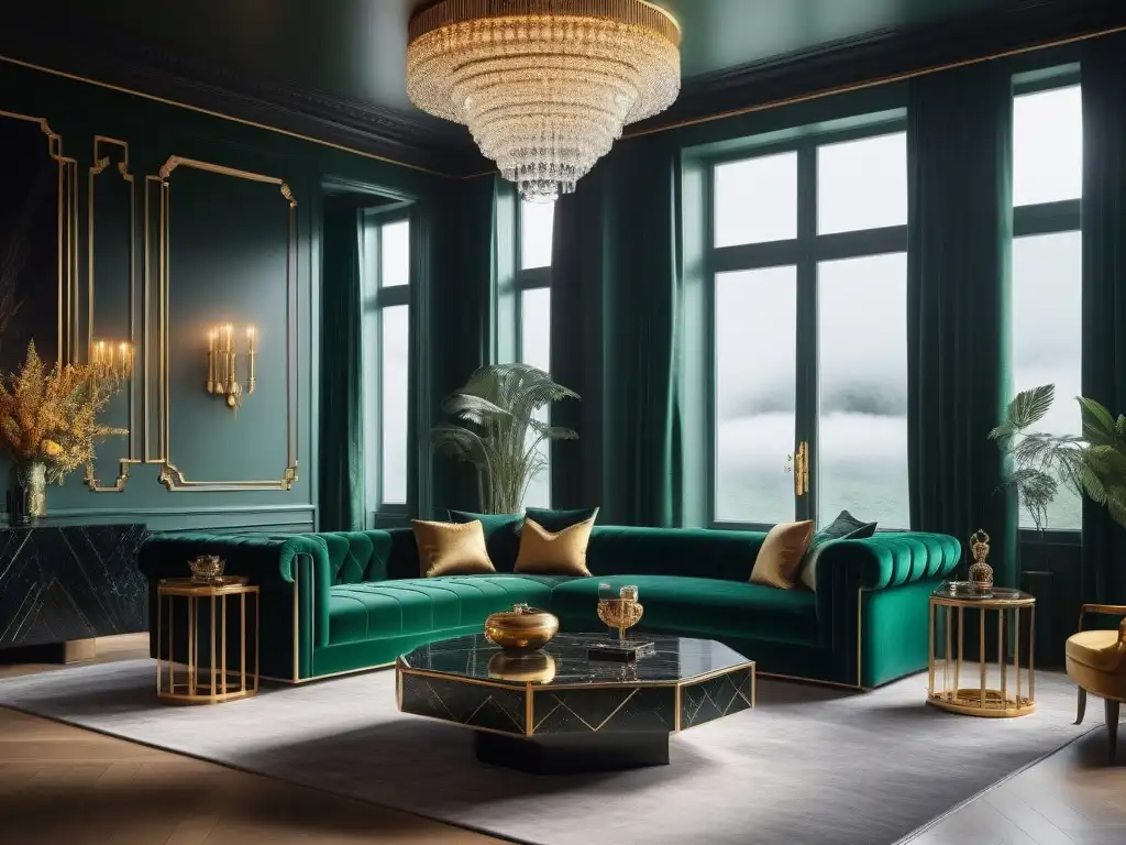 Elegante salón Art Deco en 8k: sofisticación y lujo Un salón de lujo estilo art deco con mobiliario elegante en tonos verde esmeralda y detalles dorados, iluminado por una cálida luz dorada