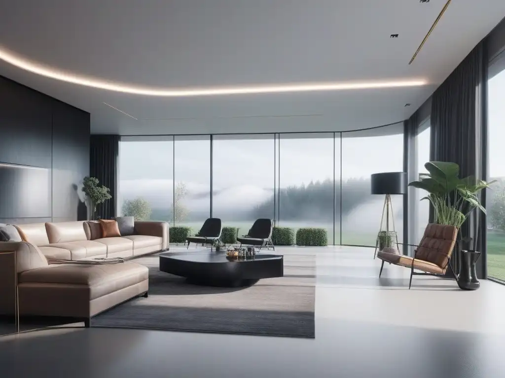 Salón de lujo con gadgets tecnológicos integrados en la decoración elegante de la casa, iluminado con luz natural suave