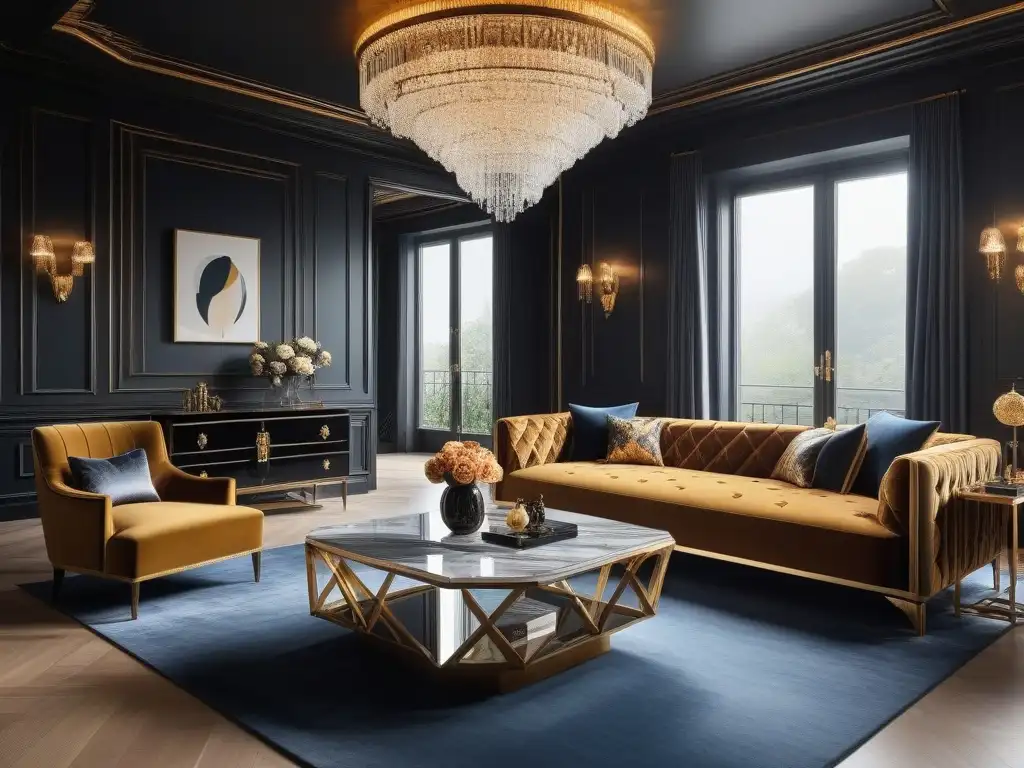 Salón de lujo con estilo Art Deco: sofisticación y opulencia Salón de lujo con mobiliario estilo art deco, sofá de terciopelo, mesa de mármol y detalles dorados