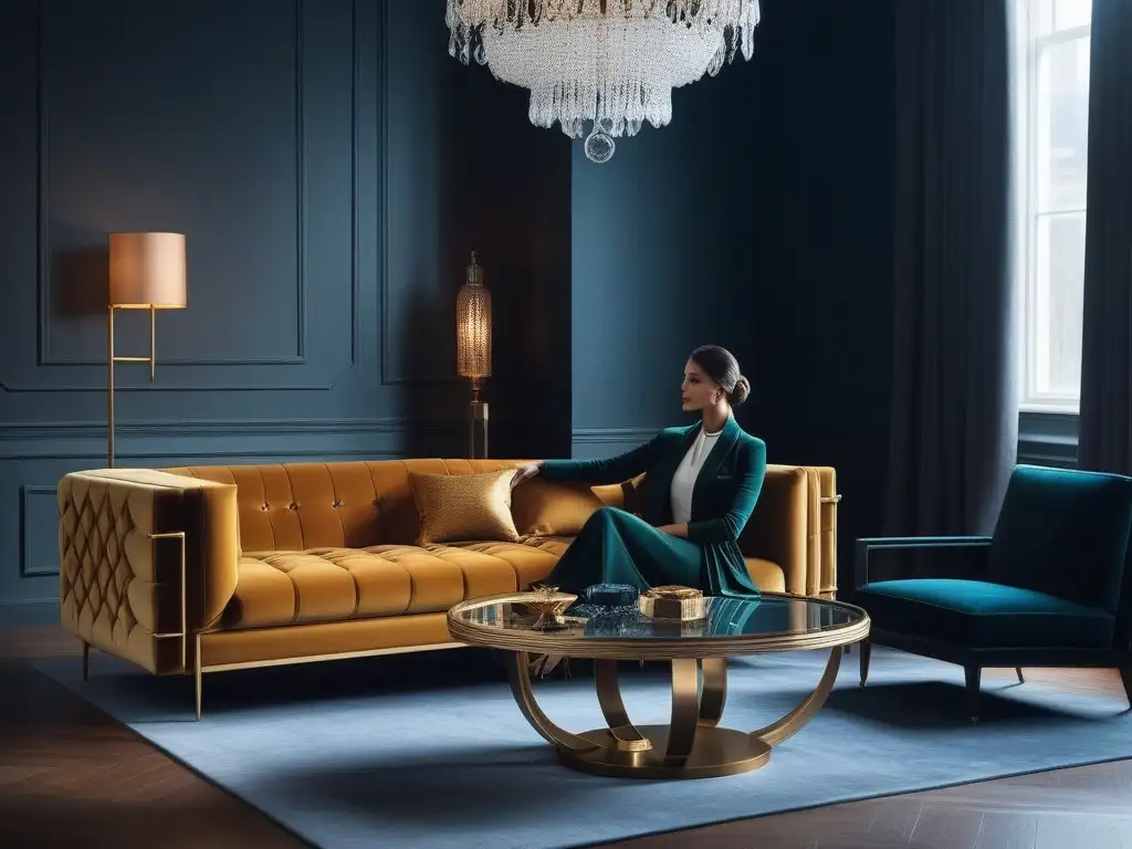 Salón de lujo: fusión contemporánea y retro en mobiliario elegante Salón de lujo y moderno con mezcla de estilos mobiliario diseño coherencia: sofá terciopelo, mesa vidrio y sillón retro