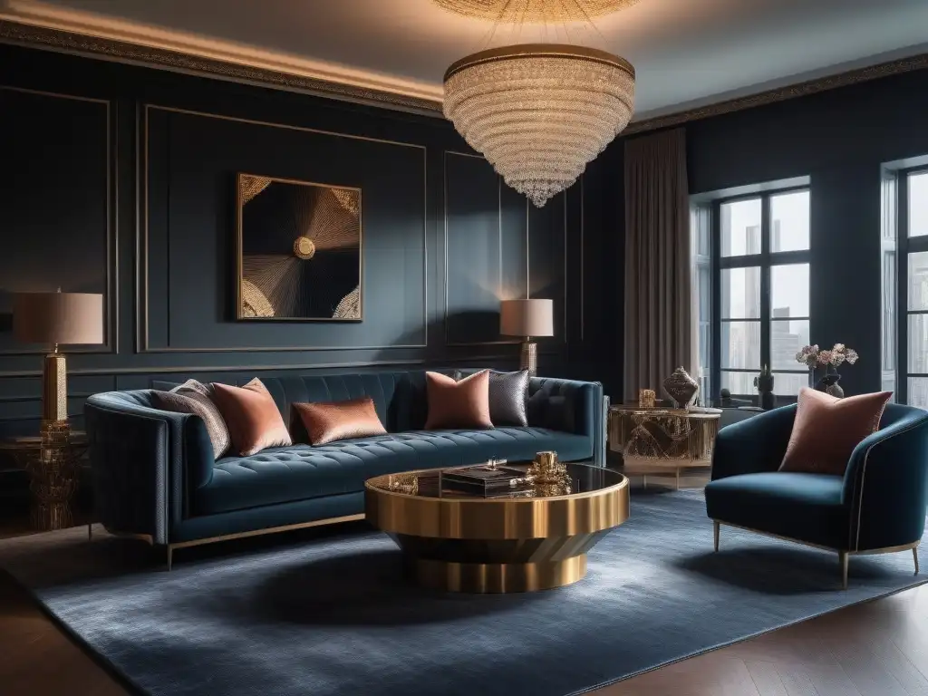 Sofisticada sala de estar con muebles de diseño exclusivo en terciopelo y acabados metálicos Salón de lujo moderno con mobiliario personalizado en terciopelo y acabados metálicos, iluminación ambiental