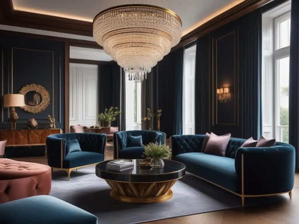 Salón de lujo con mobiliario elegante y opulento Salón de lujo moderno con muebles de madera oscura y terciopelo, iluminado por luz natural