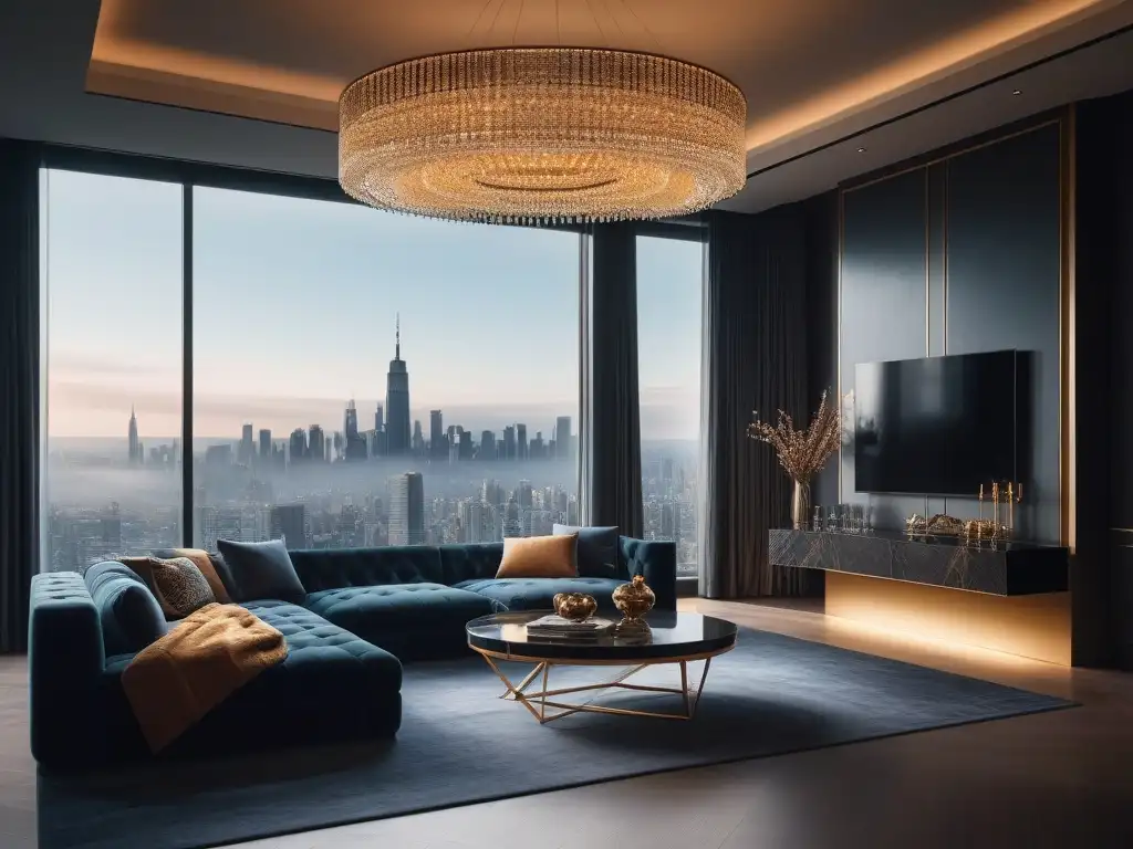 Sala de estar de lujo con diseño contemporáneo y chandelier impresionante Salón de lujo con muebles de diseño para casa de lujo, sofá de terciopelo, mesa de mármol y vista urbana al atardecer