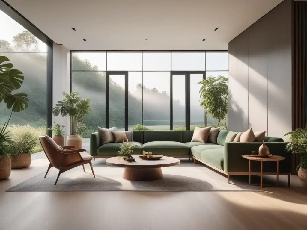 Salón de lujo sostenible con diseño innovador y elegante Salón de lujo sostenible 2023 con mobiliario ecofriendly innovador y ventana panorámica hacia jardín verde