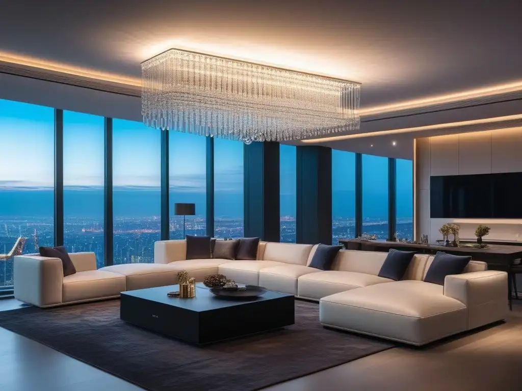 Sala de estar de lujo con tecnología integrada y vistas nocturnas Salón de lujo con tecnología de alta gama en hogares, mobiliario futurista y vista nocturna de la ciudad
