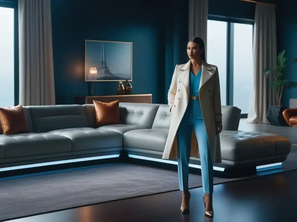 Salón de lujo inteligente: diseño futurista y eco-friendly Salón de lujo ultramoderno con tendencias tecnológicas para hogar de lujo integradas en el diseño
