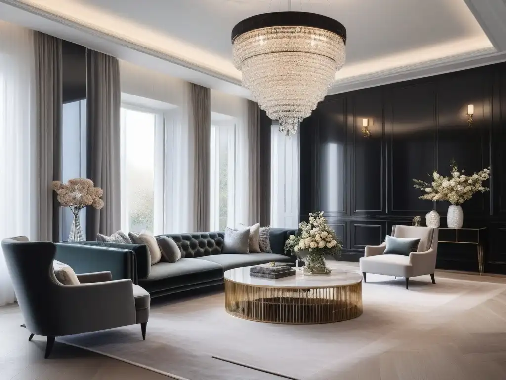 Salón de lujo moderno con mobiliario elegante y decoración refinada Salón lujoso con mobiliario de diseño y accesorios elegantes, iluminado por luz natural