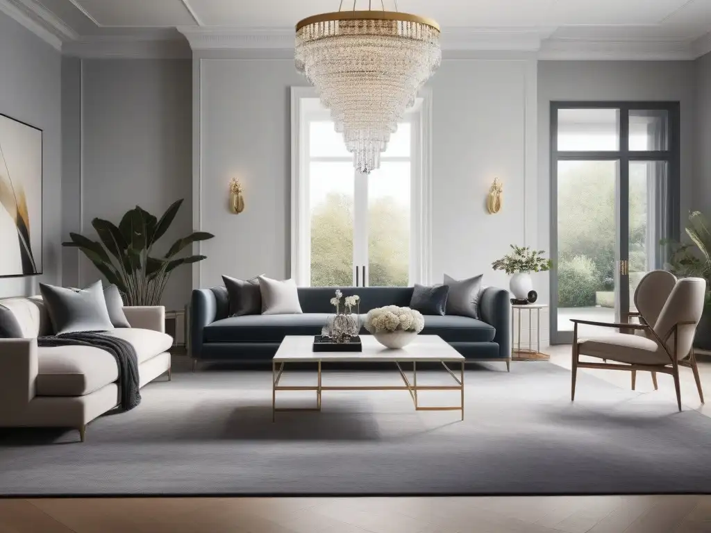 Sala de estar minimalista con lujo y elegancia Salón moderno con accesorios de diseño para hogar en elegante paleta de colores