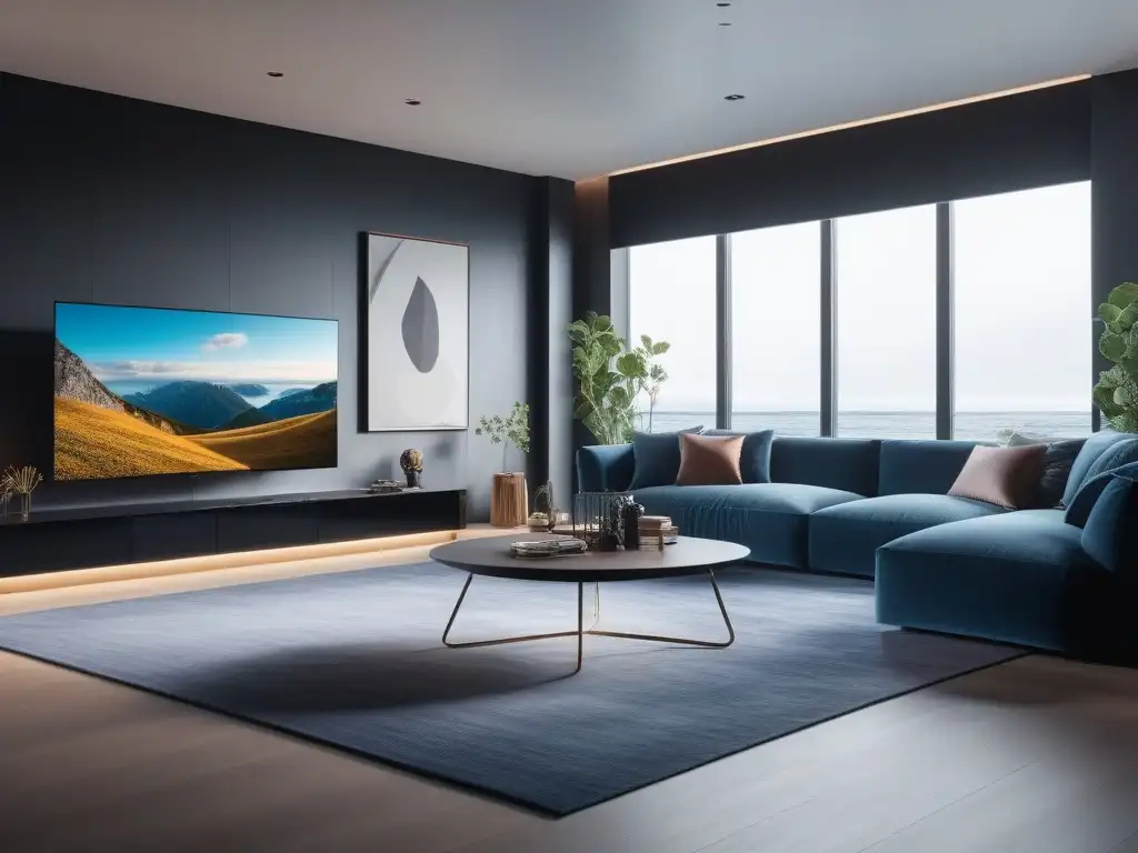 Salón de lujo en casa inteligente: tecnología y elegancia Un salón moderno de alta gama con tecnología integrada y diseño elegante