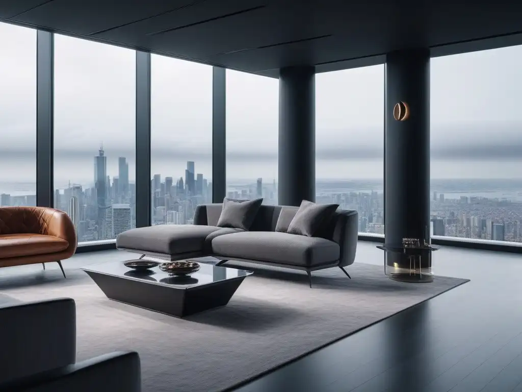 Salón futurista con tecnología inteligente y vistas urbanas nocturnas Salón moderno con tecnología hogar de alta gama, mobiliario futurista y vista urbana nocturna