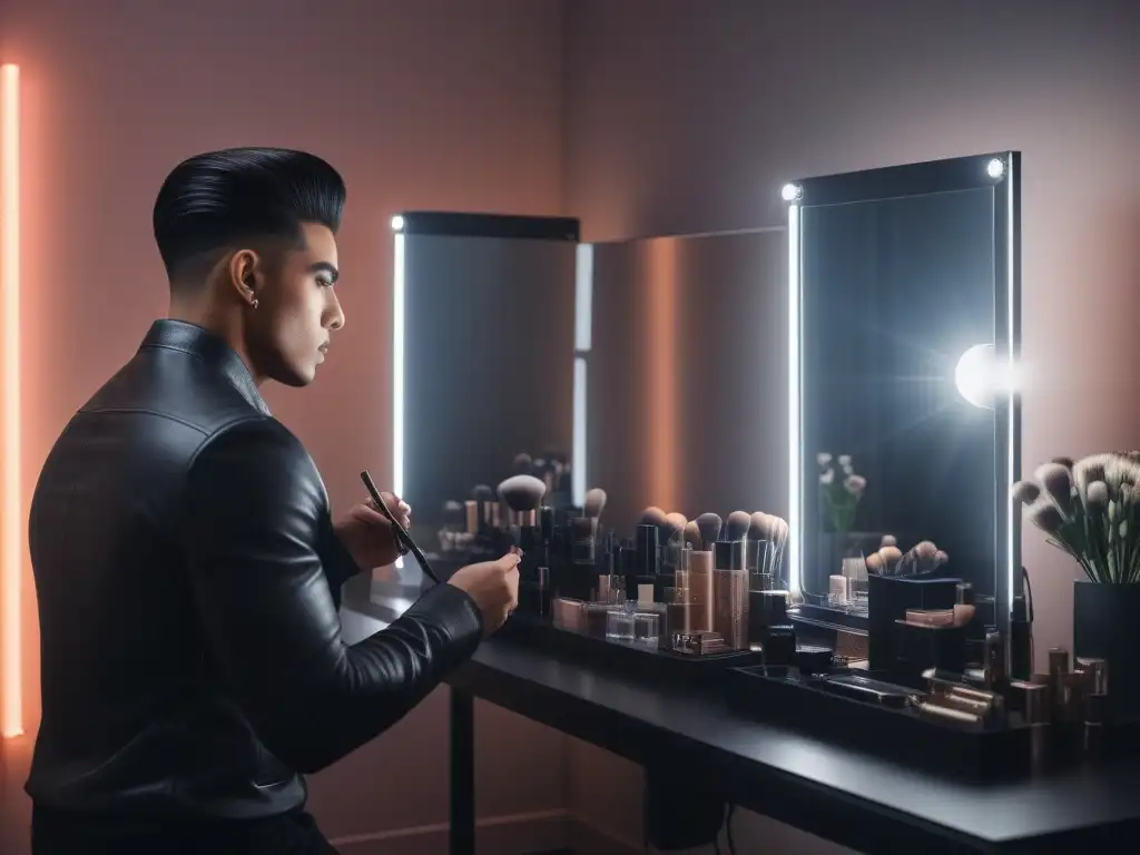 Transformación inclusiva: Estilistas crean looks glamorosos en salón chic Un salón moderno y chic donde personas diversas reciben maquillaje y peinado profesional para eventos especiales