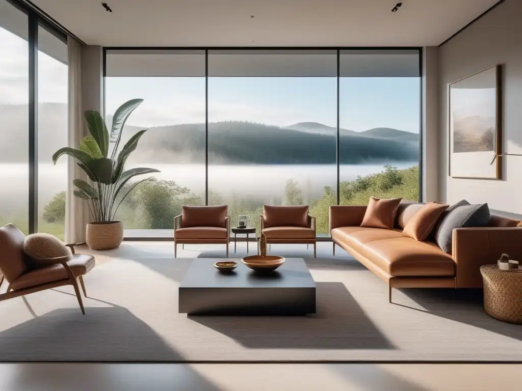Sala de estar minimalista con diseño moderno y elegante Un salón moderno y elegante con mobiliario diseño bienestar salud hogar en tonos neutros, inundado de luz natural