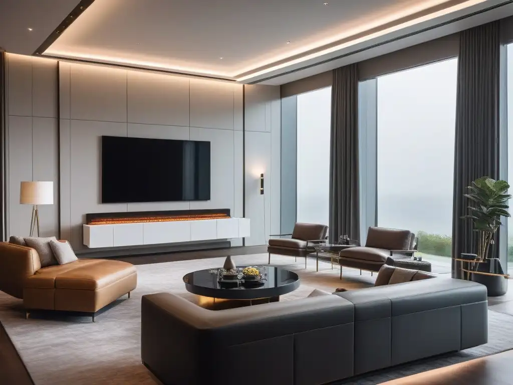 Salón de lujo con tecnología domótica de vanguardia Salón moderno con gadgets de lujo y automatización hogar, beneficios y sofisticación