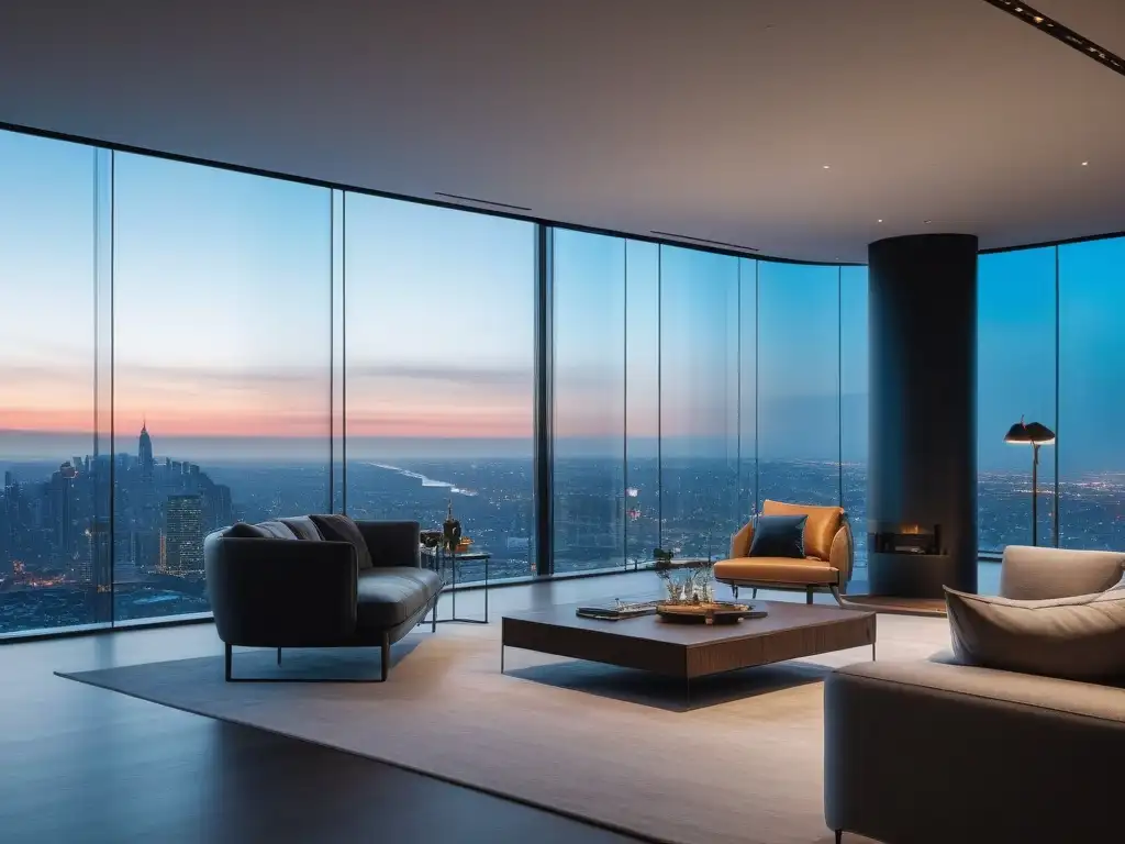 Salón moderno con vista a la ciudad al anochecer Salón moderno con gadgets de lujo y automatización del hogar, vista a la ciudad al atardecer